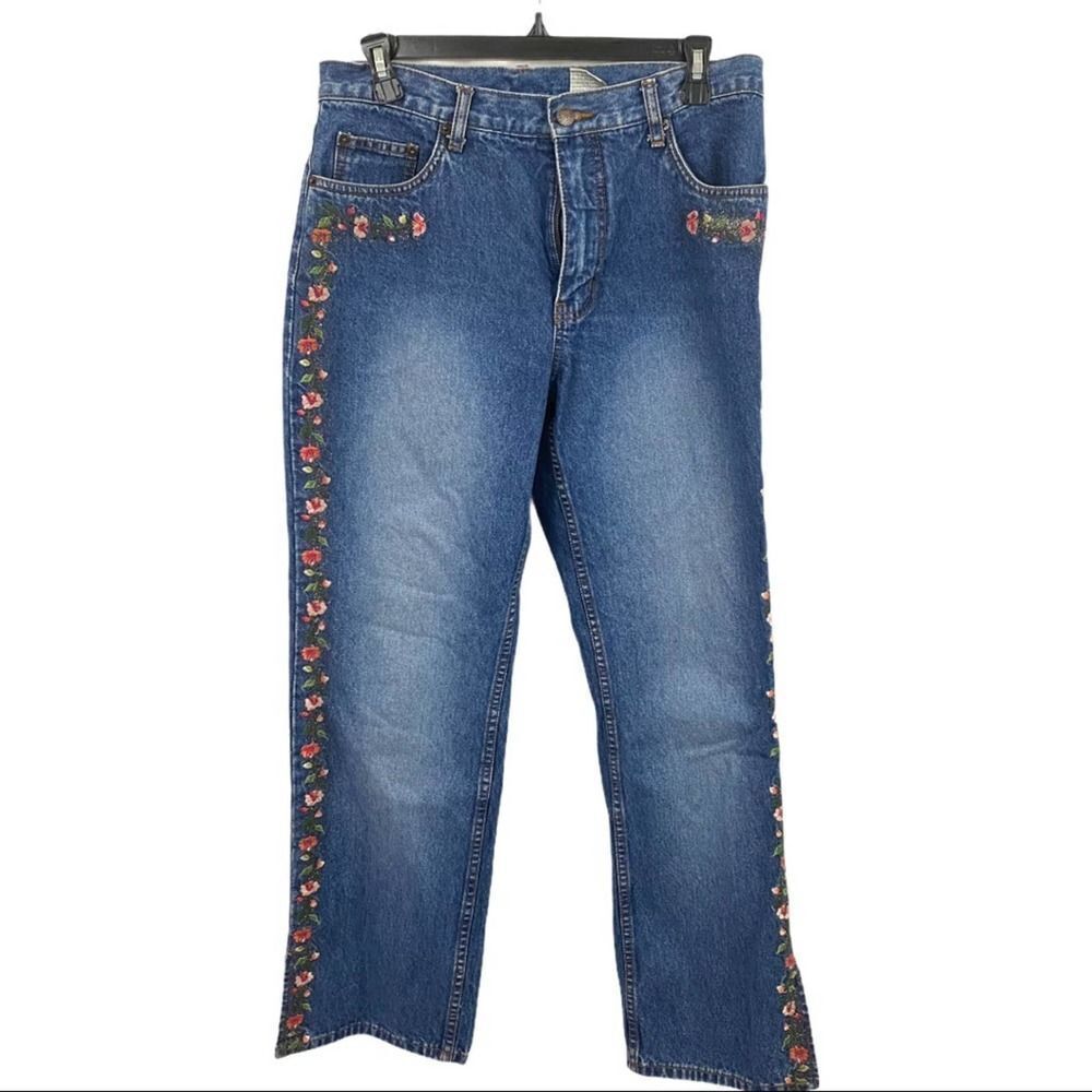 Vintage Bill Blass Flower Embroidered High Rise Blue Jeans Size 8 Petite — image 2 of 8